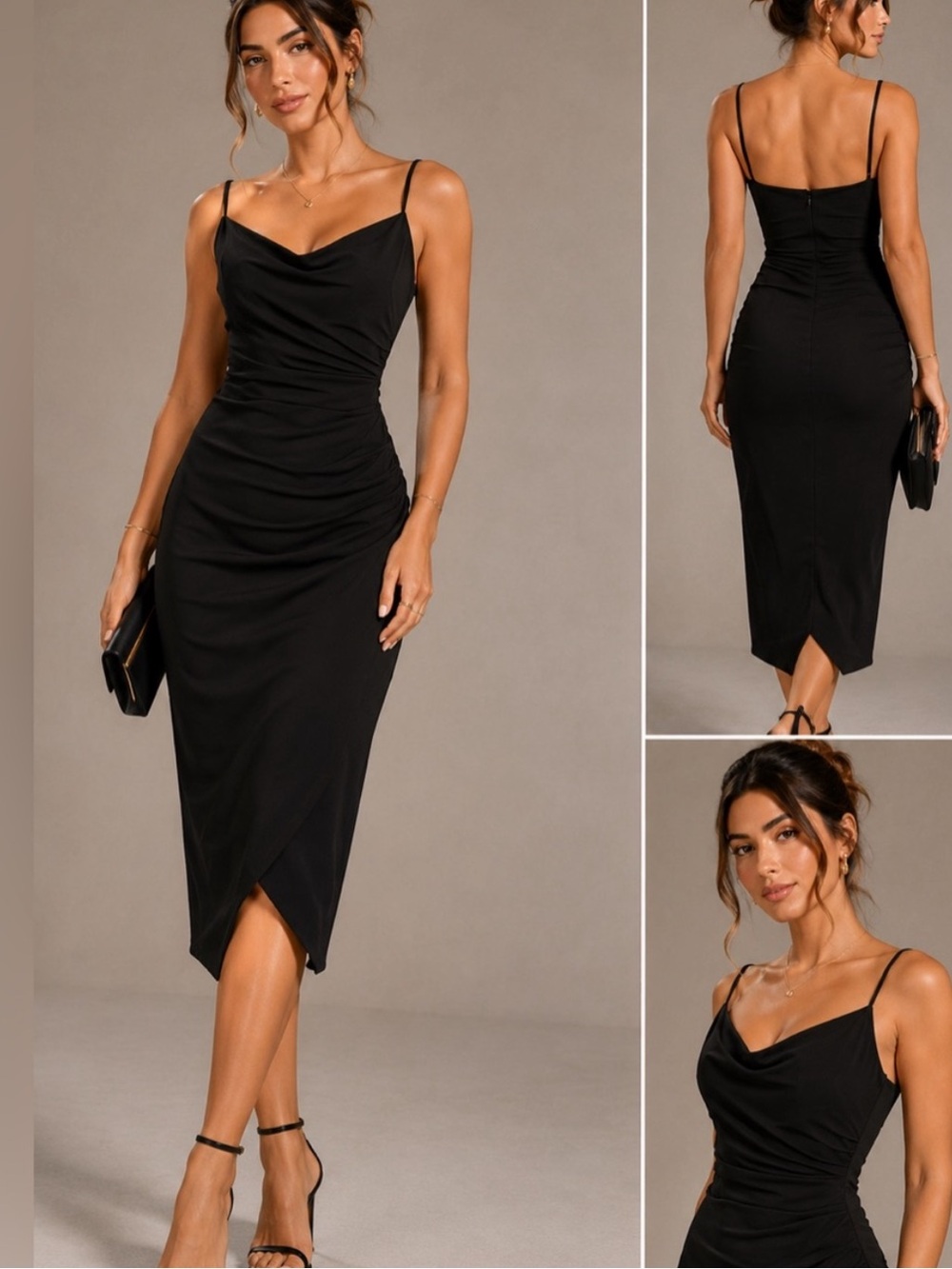 NWT Laundry By Shelli Segal Black Cowl-Neck Spaghetti Strap Midi Dress
